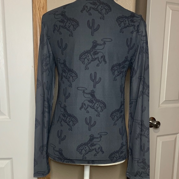 WESTERN Pattern Charcoal Gray and Black Mesh Shirt Mock Turtleneck Long Sleeve - Picture 3 of 7